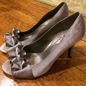 Nina Ruffle Heels Shimmery Silver Ruffle Peep Toe